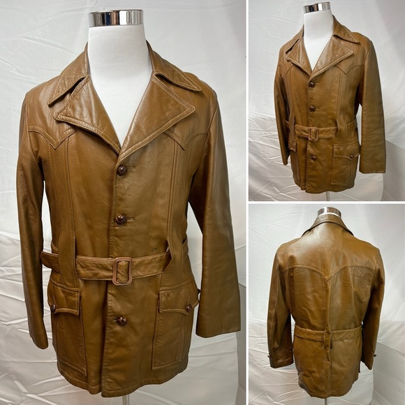 Vintage 60s 70s Mens 38 Western Belted Brown Cabretta Leather Jacket Trench Coat - Picture 2 of 5